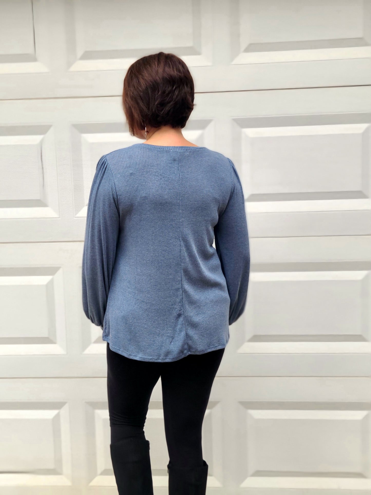 Puff sleeved Ribbed Top in Blue