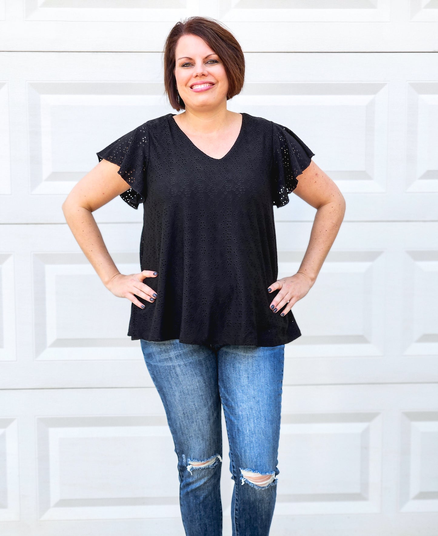 Eyelet Short Sleeved Top in Black