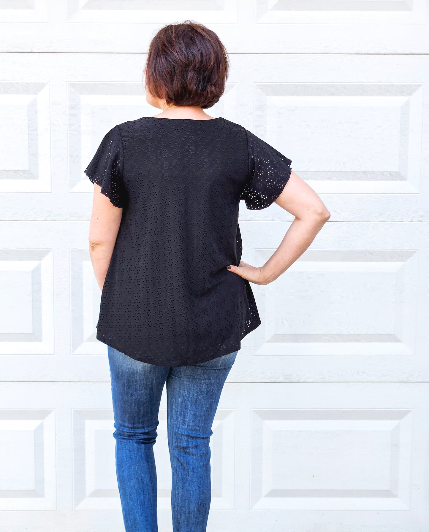 Eyelet Short Sleeved Top in Black