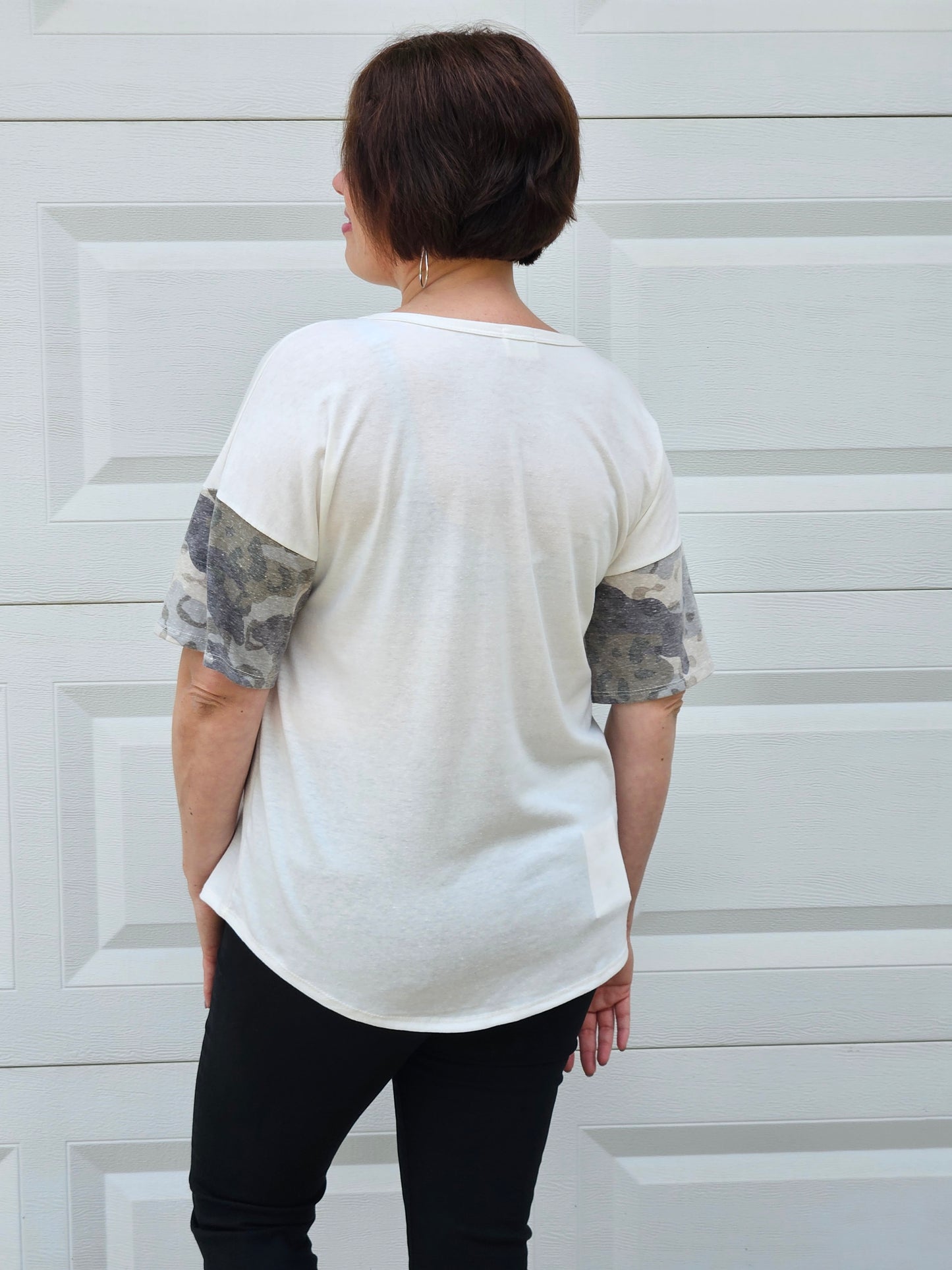 Short Sleeve Camo Detail Top in Natural