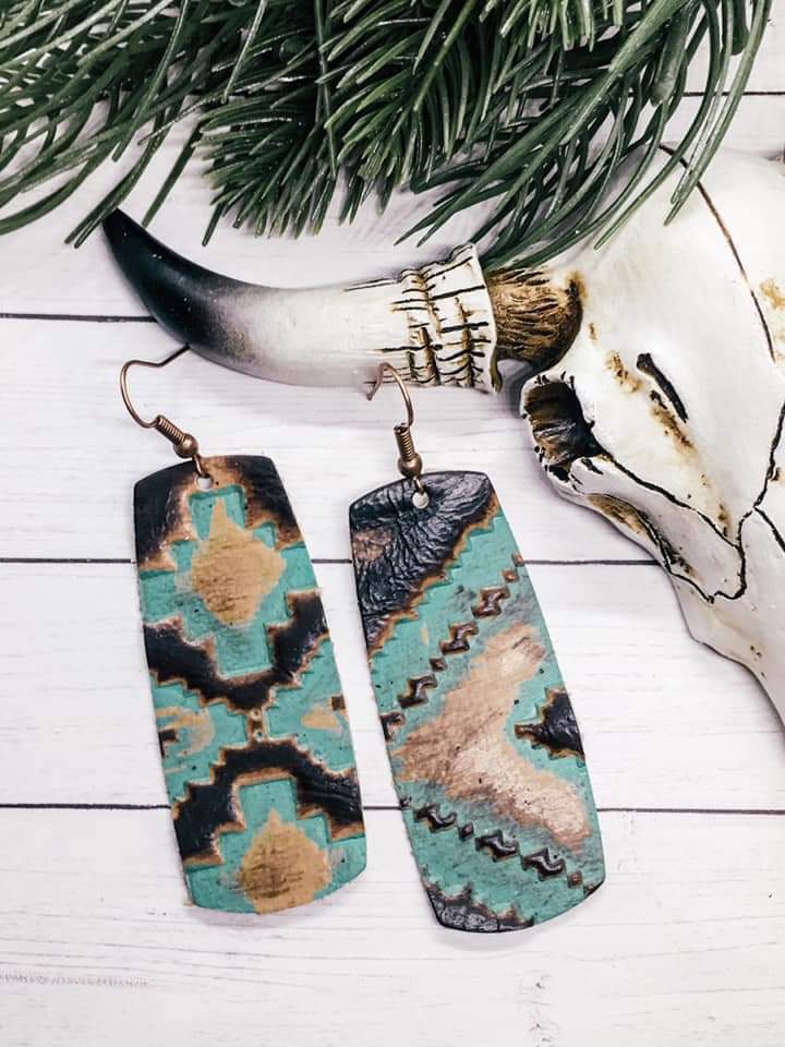 Navajo Western Embossed Genuine Leather Wide Bar Earrings in Teal