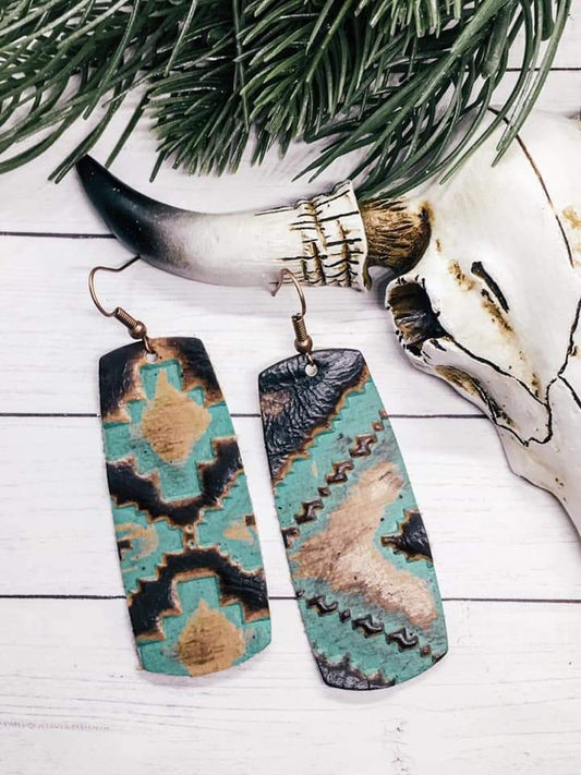 Navajo Western Embossed Genuine Leather Wide Bar Earrings in Teal