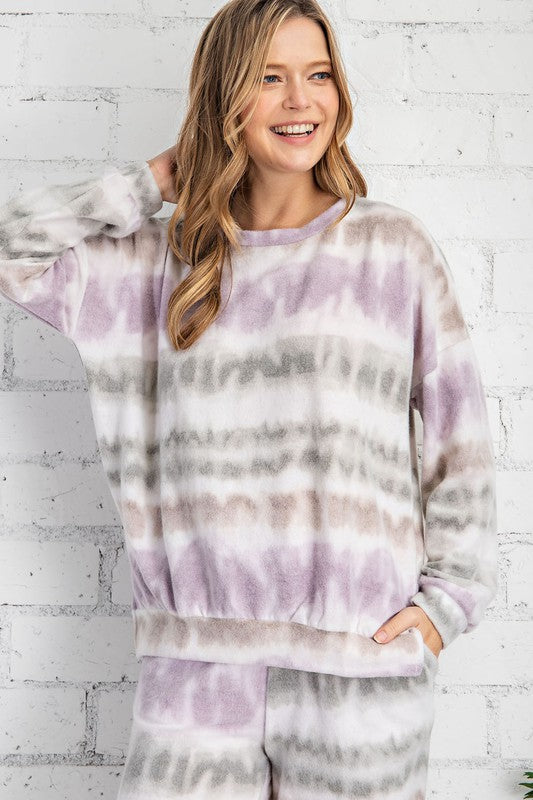 Tie Dye Brushed Loungewear Set in Olive/Lavender