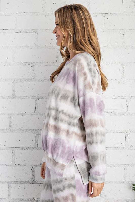 Tie Dye Brushed Loungewear Set in Olive/Lavender
