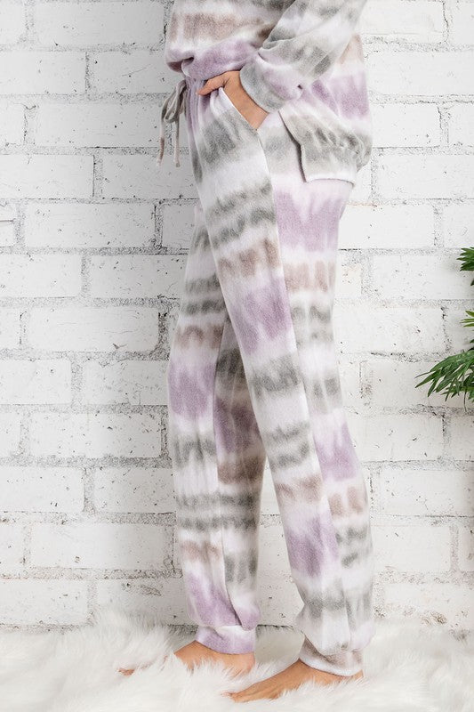 Tie Dye Brushed Loungewear Set in Olive/Lavender