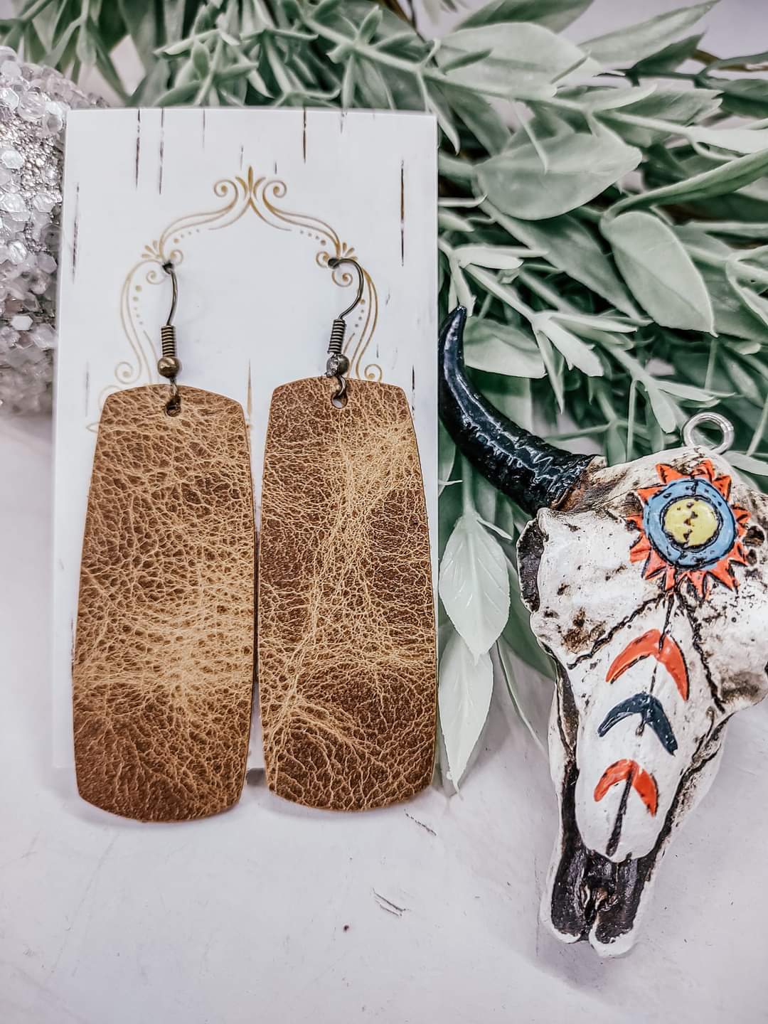 Distressed Genuine Leather Wide Bar Earrings in Tan