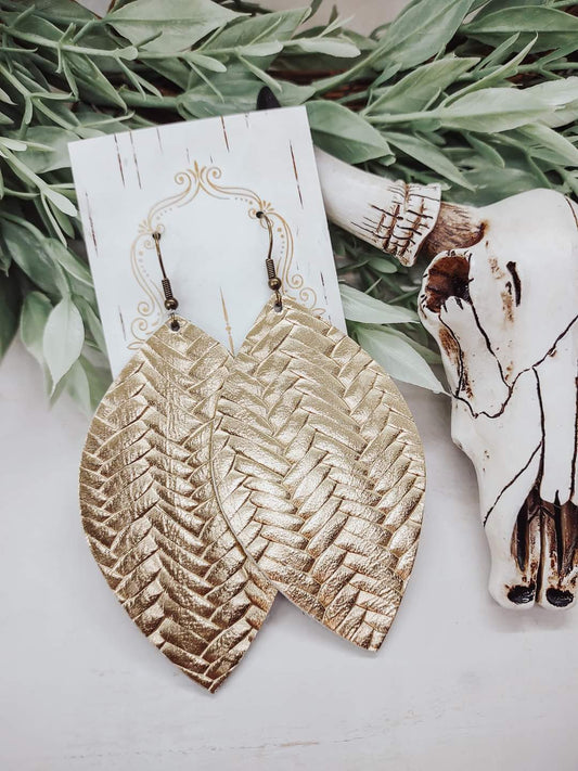 Fishtail Braid Genuine Italian Leather Mega Leaf Earrings in Metallic Gold