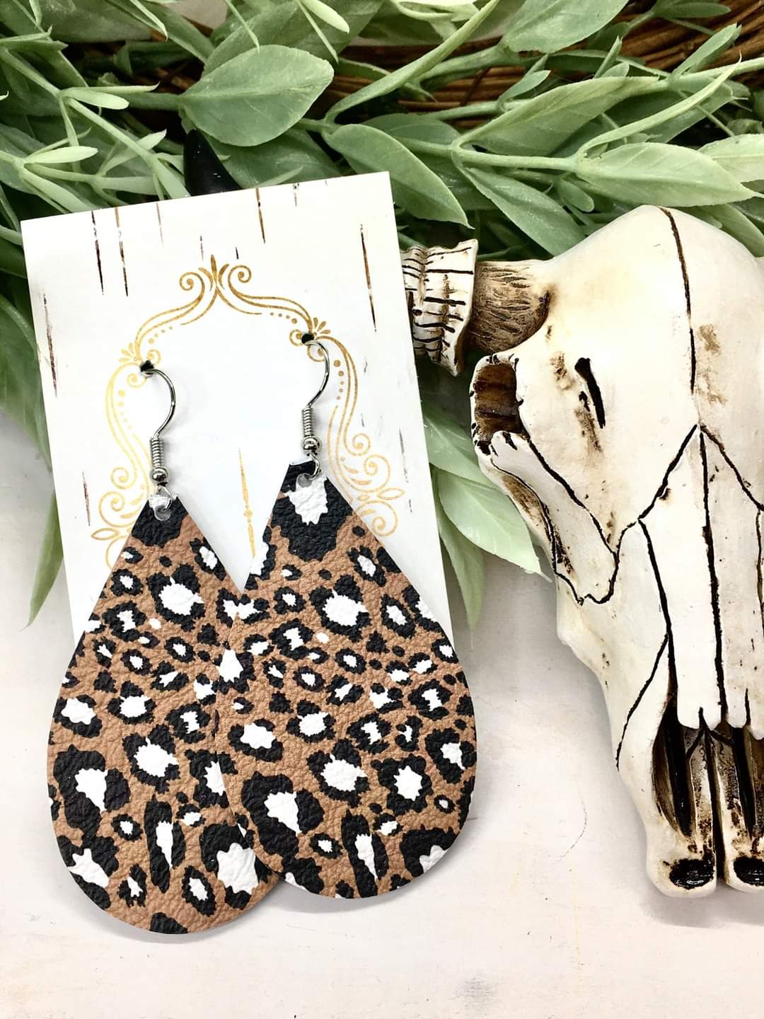 Genuine Leather Animal Print Teardrop Earrings in Tan, Black & White