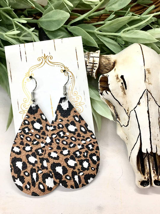 Genuine Leather Animal Print Teardrop Earrings in Tan, Black & White