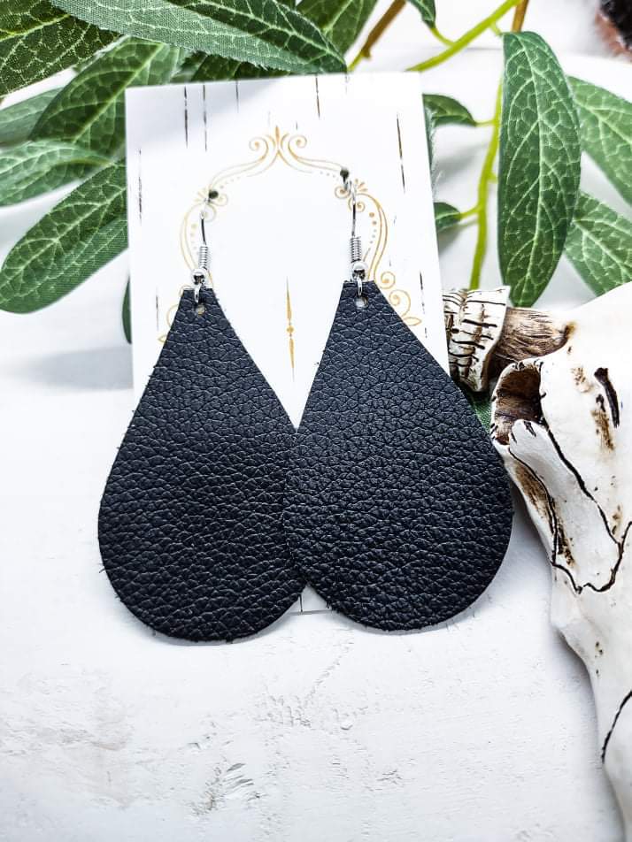 Simple Genuine Leather Teardrop Earrings in Black