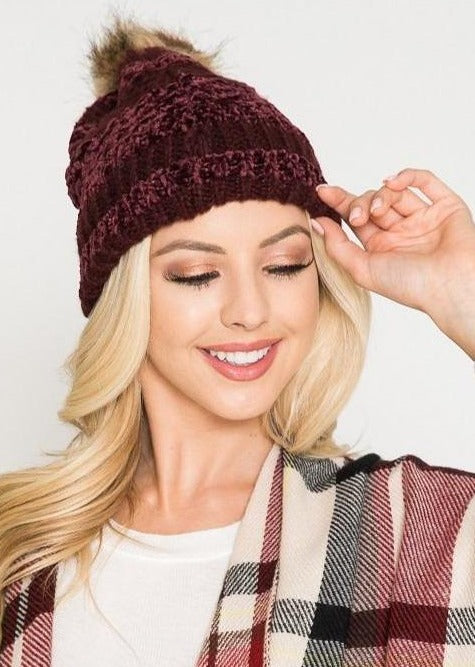 Chenille Pom Knit Beanie in Burgundy