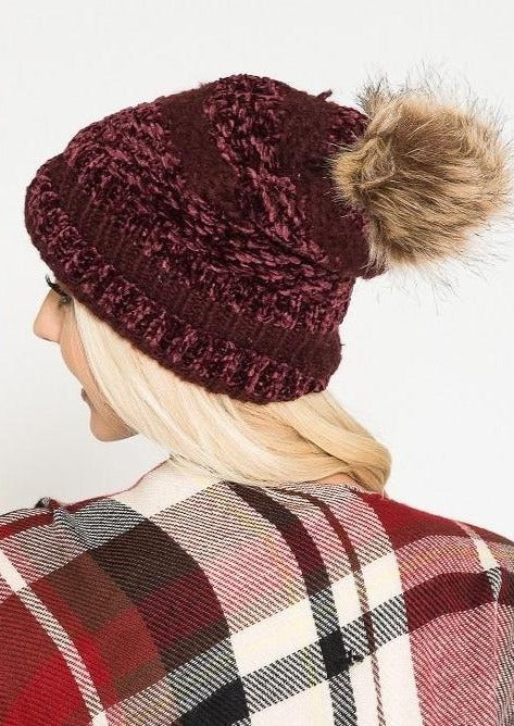Chenille Pom Knit Beanie in Burgundy