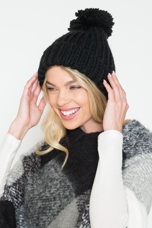 Pom Pom Knit Beanie Hat in Black