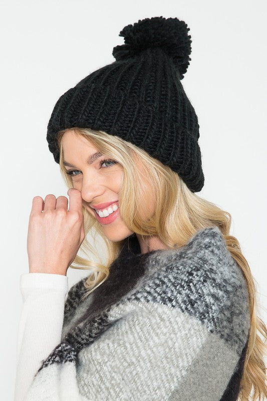 Pom Pom Knit Beanie Hat in Black