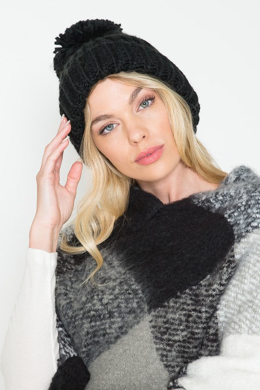 Pom Pom Knit Beanie Hat in Black