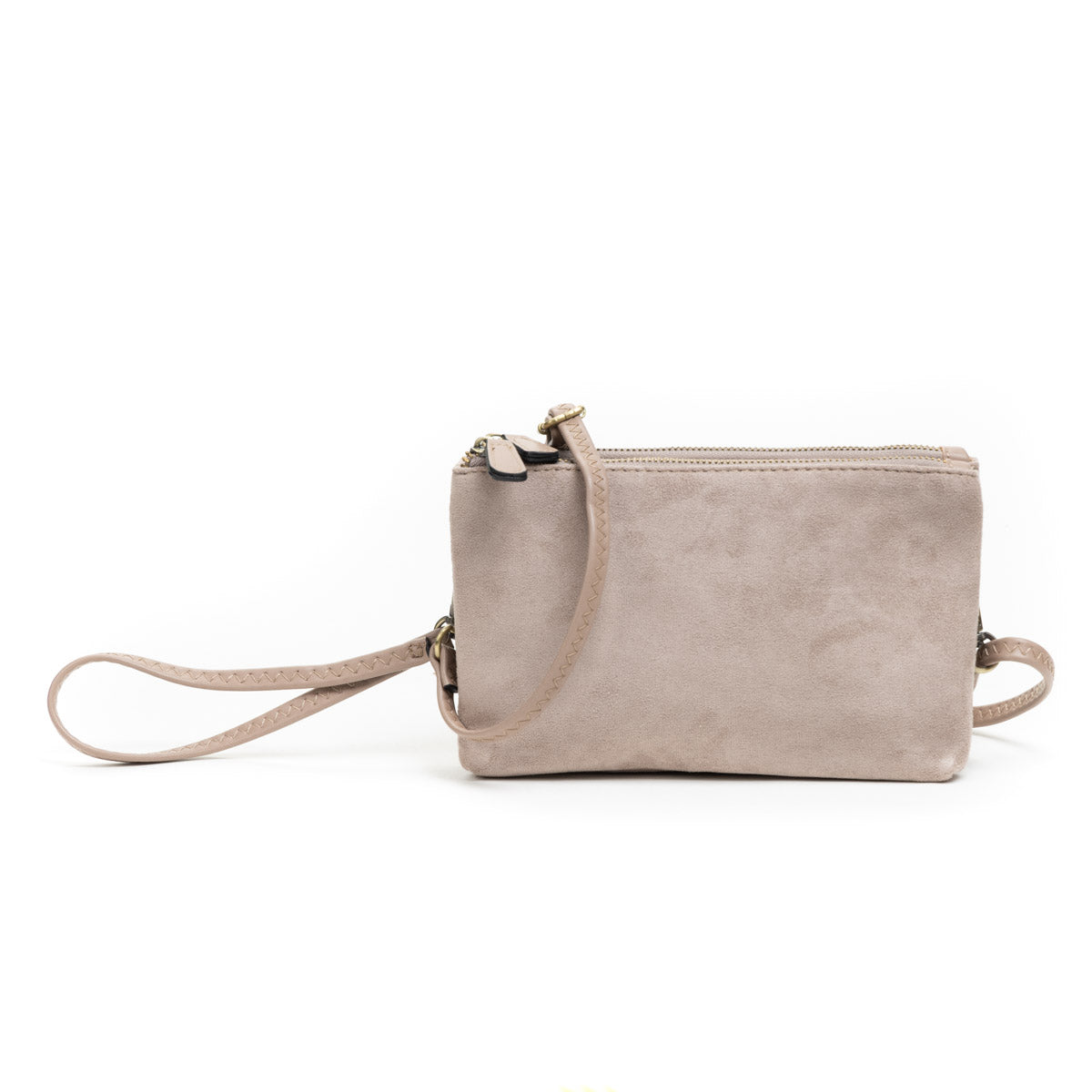 Suede Dual Zipper Crossbody/Clutch in Light Khaki