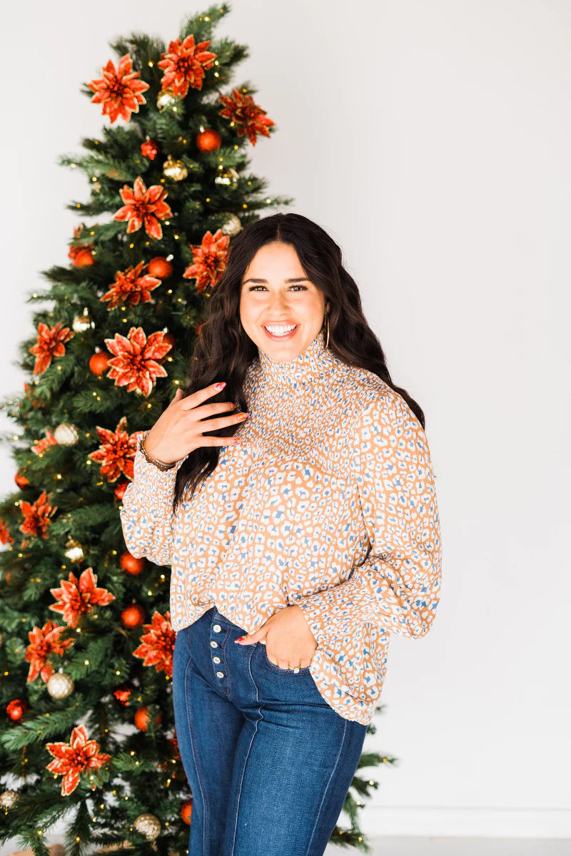 Leopard Print Smocked Top in Camel