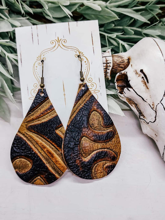 Embossed Genuine Leather Teardrop Earrings in Dark Brown/Tan