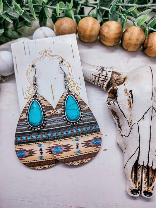 Aztec and Turquoise Charm Printed Wood Concho Post Earrings in Multi-colored