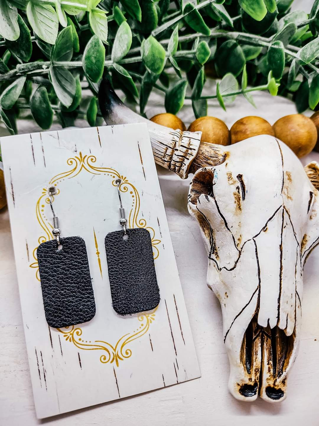 Genuine Leather Mini Bar Earrings in Black