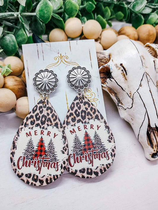 Merry Christmas Leopard Print Wood Concho Post Earrings in Multi Colored