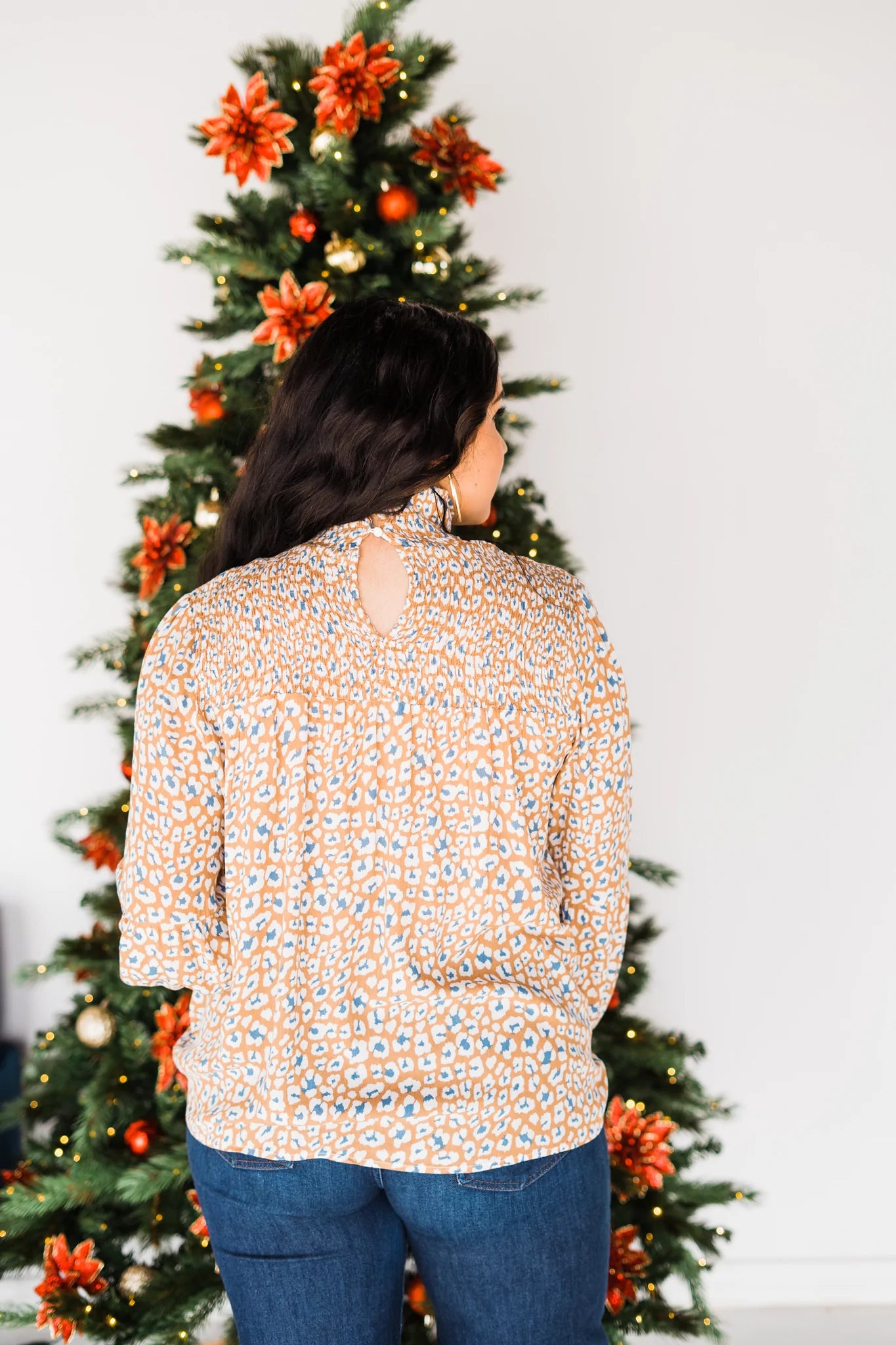 Leopard Print Smocked Top in Camel