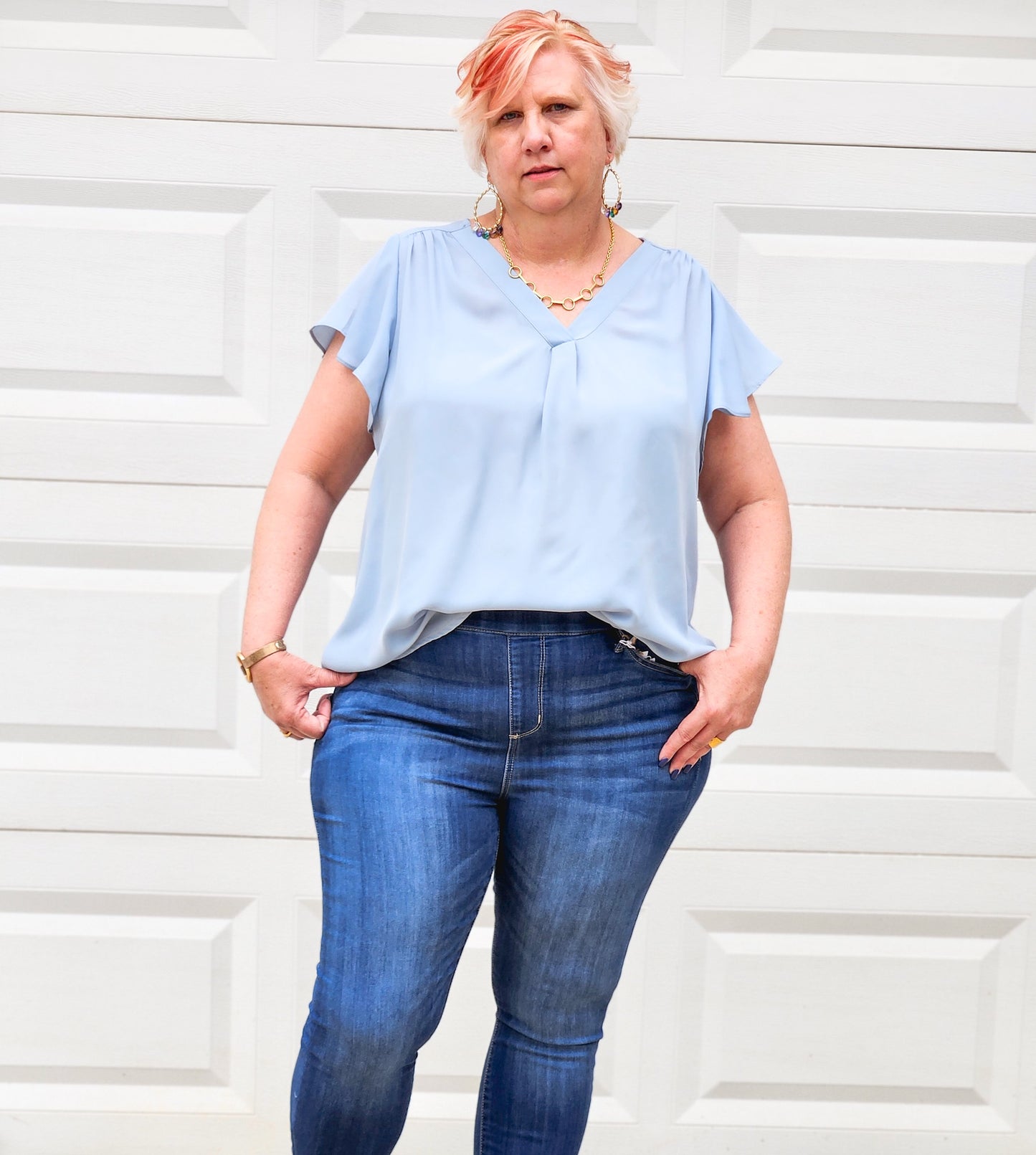 Short Butterfly Sleeve Woven Top in Dusty Blue