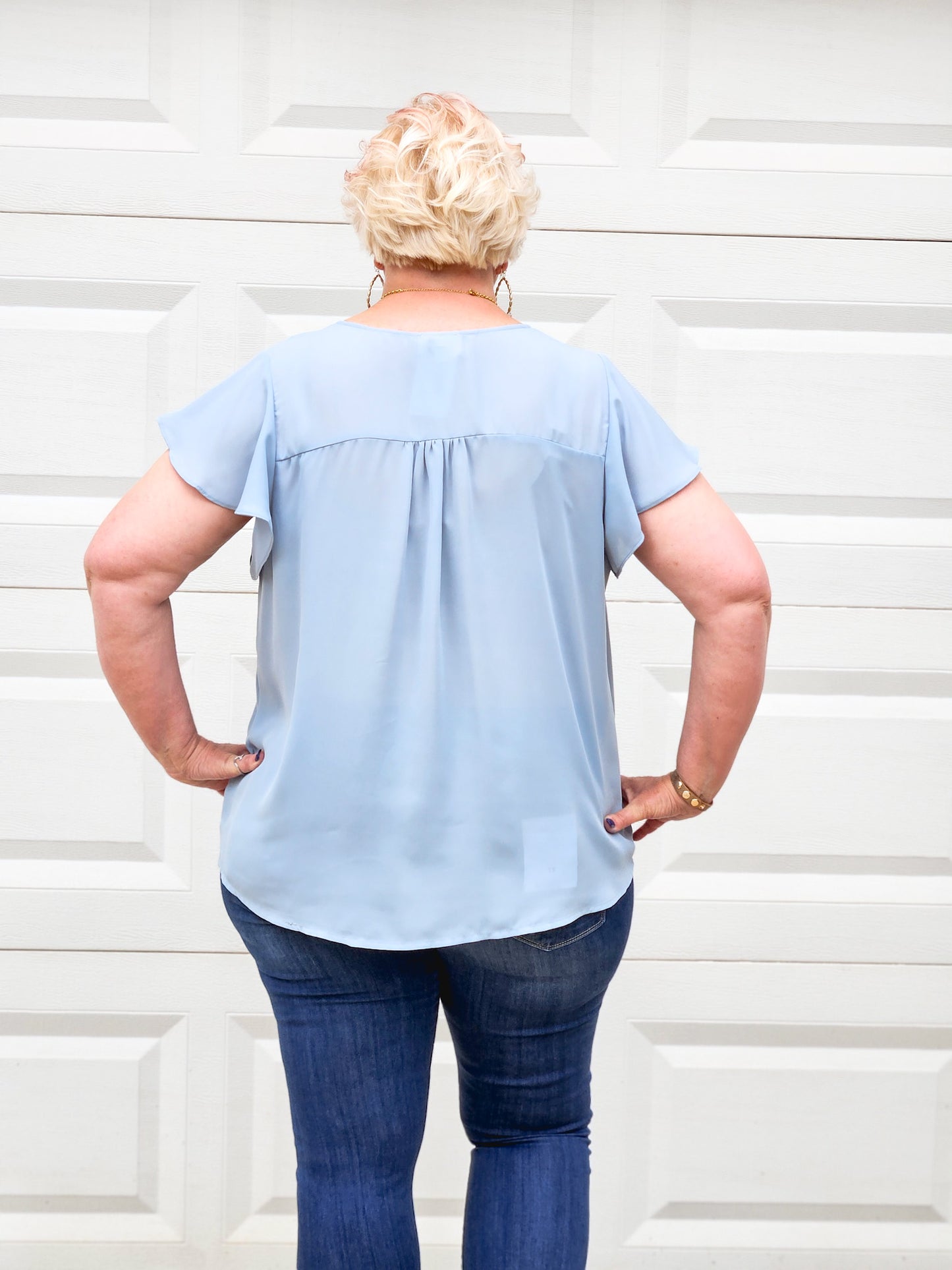Short Butterfly Sleeve Woven Top in Dusty Blue