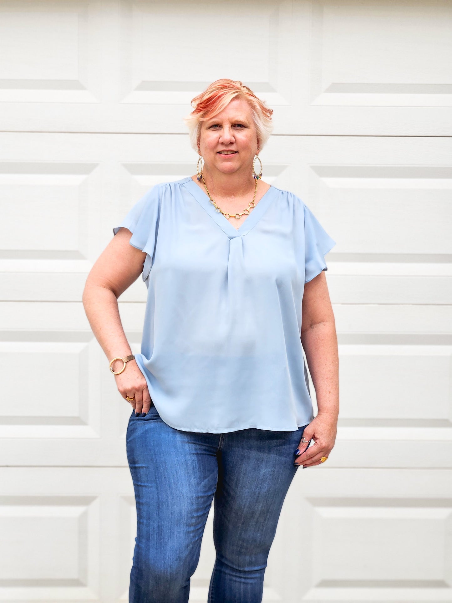 Short Butterfly Sleeve Woven Top in Dusty Blue