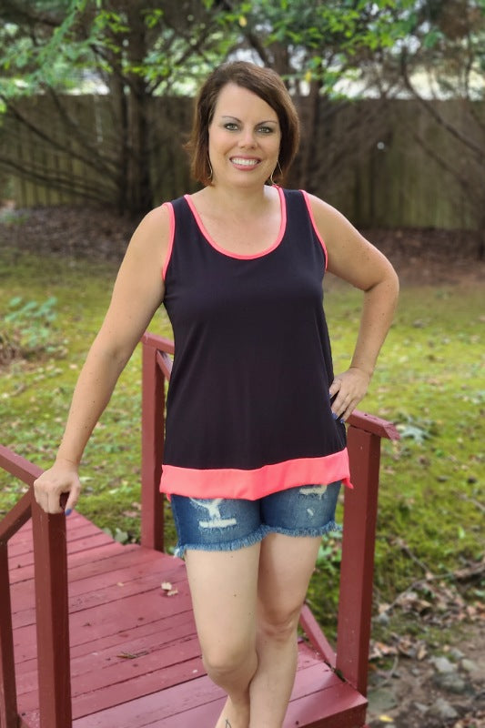 Sleeveless Contrast Trim Knit Top in Black & Neon Coral