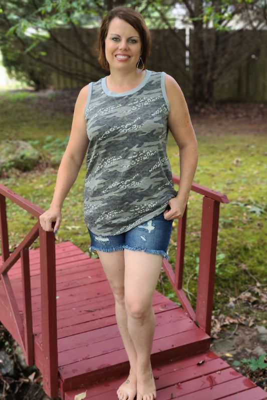 Sleeveless Camo Print Knit Top in Dark Olive