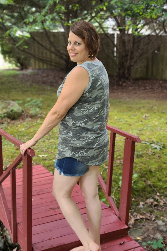 Sleeveless Camo Print Knit Top in Dark Olive