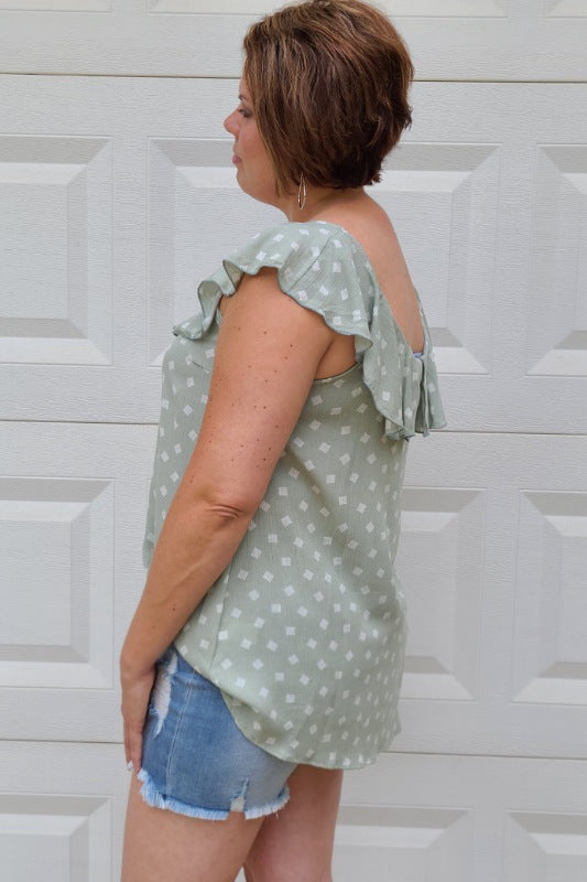 Crinkle Gauze Printed Sleeveless Ruffle Top in Sage