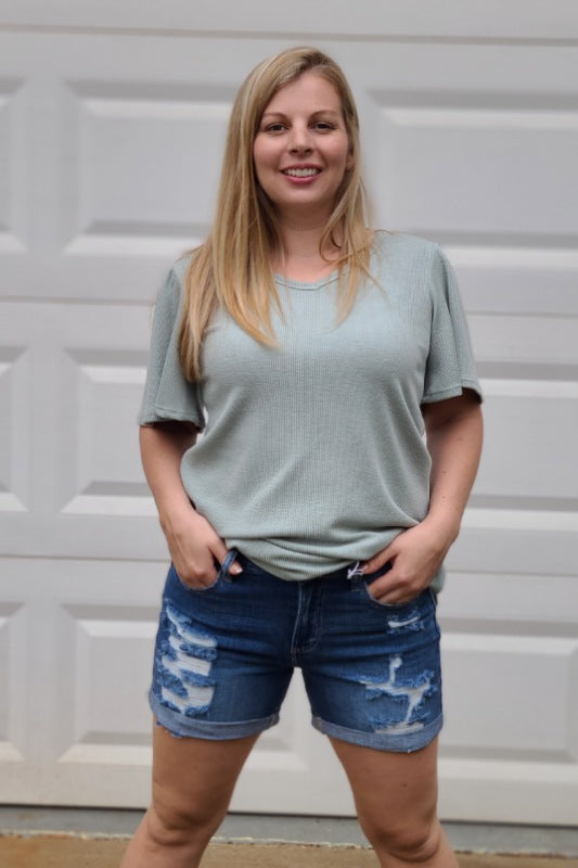 High Rise Double Rolled Hem Boyfriend Shorts in Medium Denim