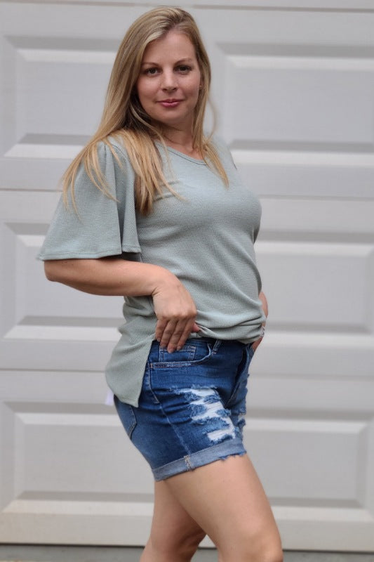 High Rise Double Rolled Hem Boyfriend Shorts in Medium Denim