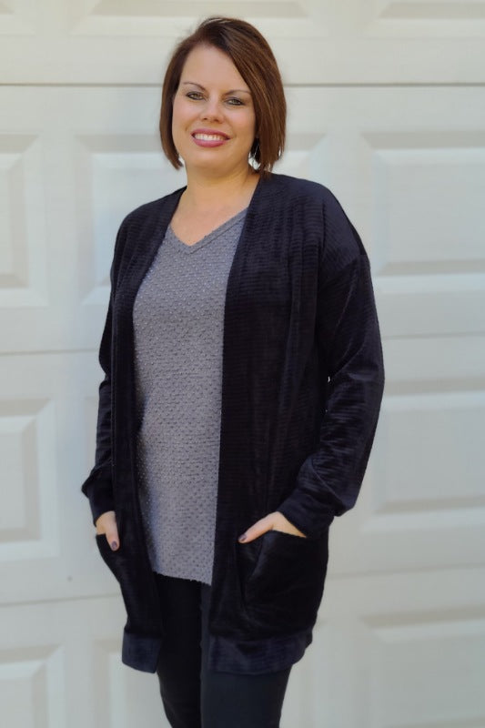 Open Front Velvet/Chenille Cardigan in Black
