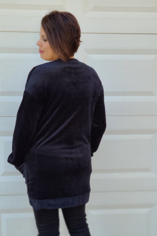 Open Front Velvet/Chenille Cardigan in Black