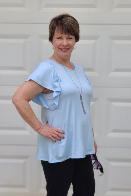 Casual Butterfly Sleeve Top in Sky Blue