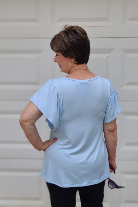 Casual Butterfly Sleeve Top in Sky Blue