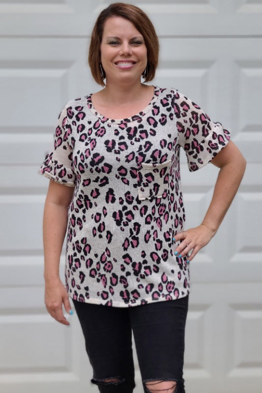 Knit Animal Print Ruffle Sleeve Top in Pink