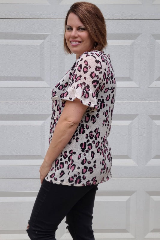 Knit Animal Print Ruffle Sleeve Top in Pink