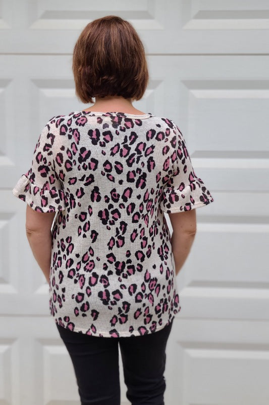 Knit Animal Print Ruffle Sleeve Top in Pink