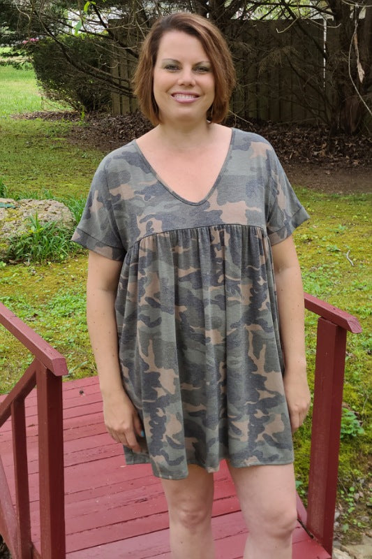 Camo Print Babydoll Dress in Olive