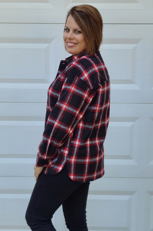 Plaid Button Down Shirt Jacket "Shacket" in Black/Red