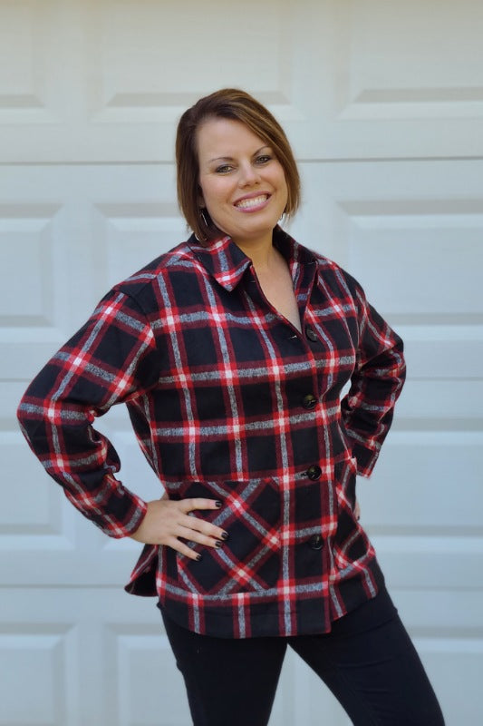Plaid Button Down Shirt Jacket "Shacket" in Black/Red