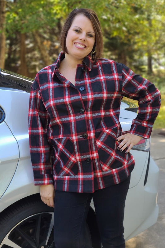 Plaid Button Down Shirt Jacket "Shacket" in Black/Red