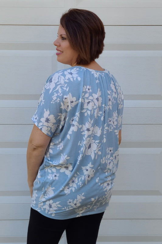 V-Neck Shirred Floral Dolman Top in Blue