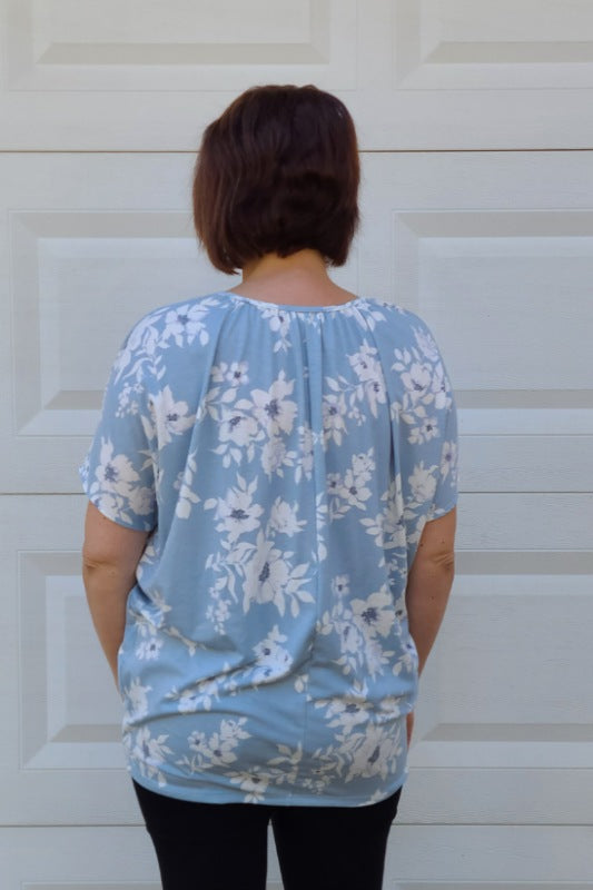 V-Neck Shirred Floral Dolman Top in Blue