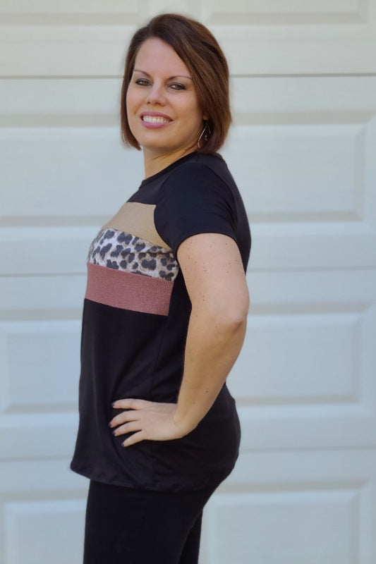 Leopard Contrast Colorblock Top in Shimmery Champagne/Taupe Animal Print/Shimmery Mauve