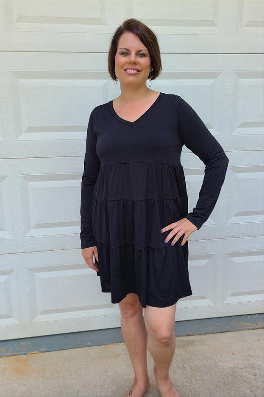 Tiered Babydoll Long Sleeve Dress in Black